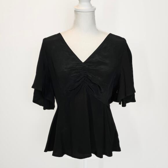 A New Day Flutter Sleeve V-neck Black Tie Back Blouse Size Medium - Picture 1 of 9